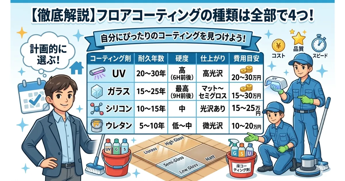フロアコーティングの種類は全部で4つ