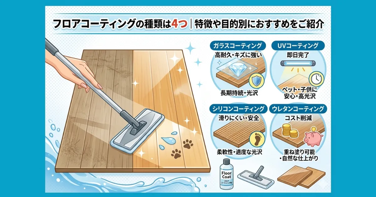 フロアコーティングの種類は4つ｜特徴や目的別におすすめをご紹介